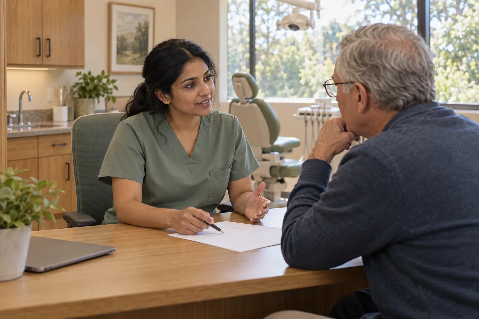 A dentist and patient talking through care together in the sunlit practice.