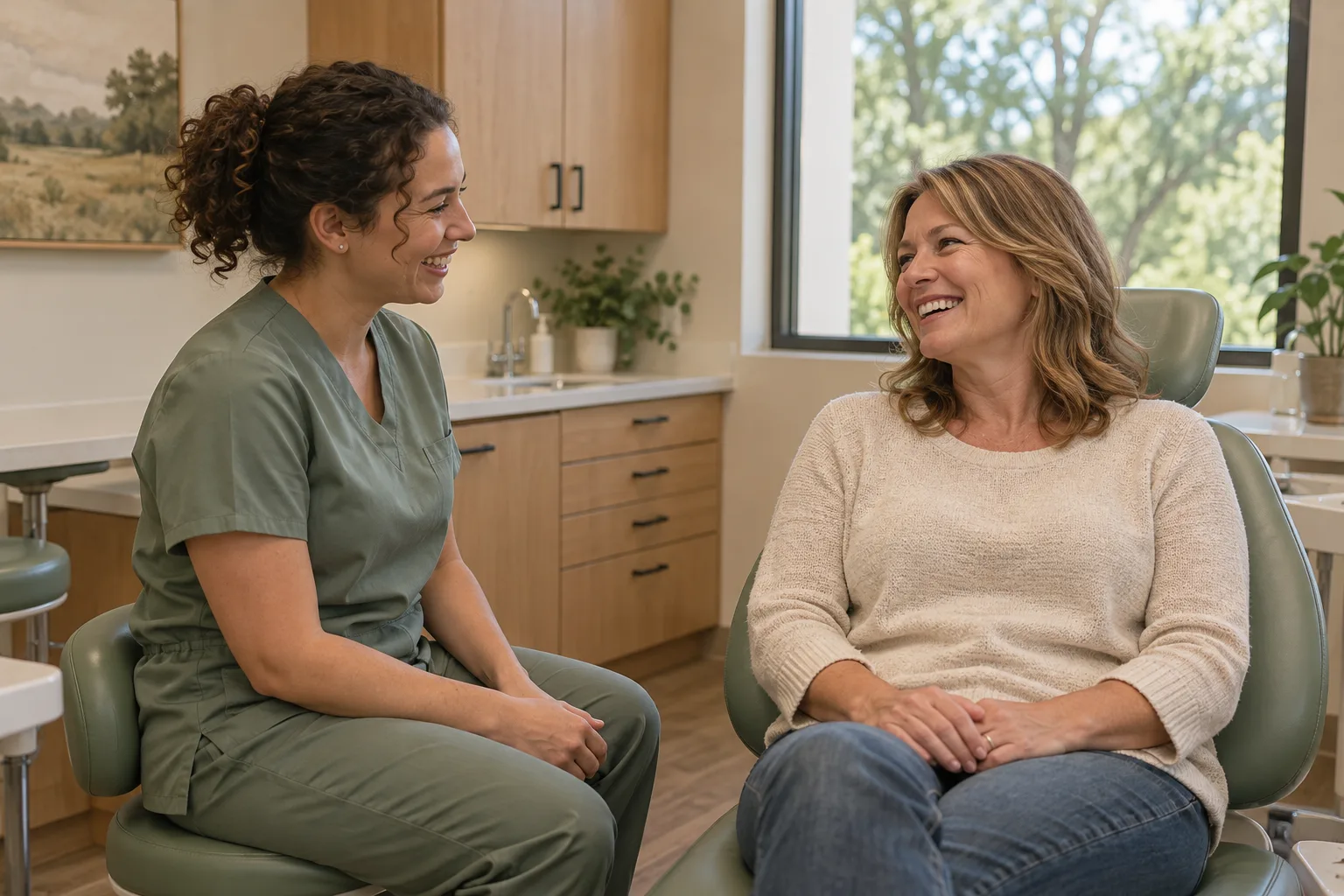 A hygienist and patient sharing a relaxed conversation.