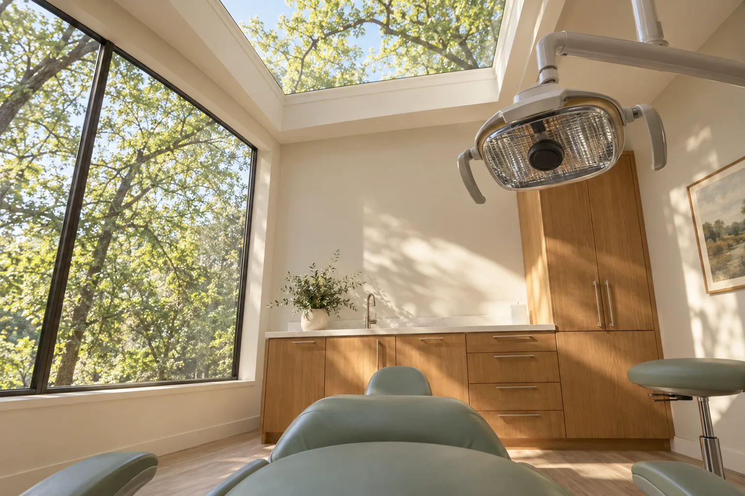 View from a dental chair toward a skylight, trees and examination lamp.
