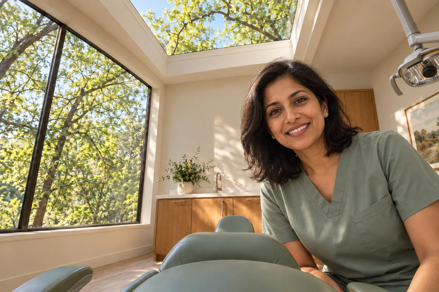 Dr Raman smiling gently beside the bright skylight.