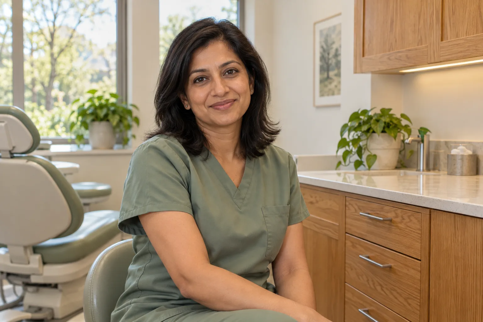 Dr Priya Raman in the oak-lined practice.