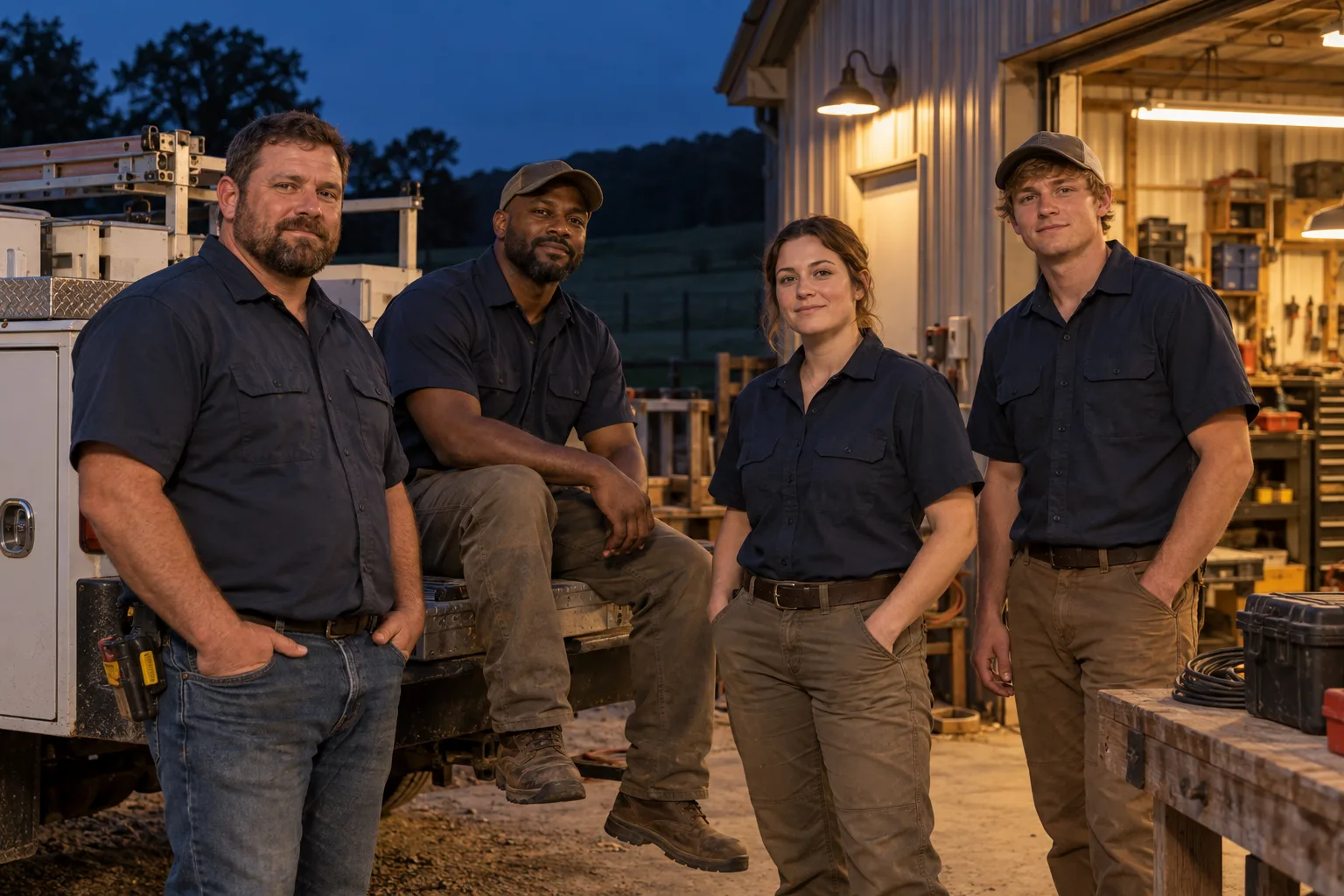 The four-person electrical crew outside their rural workshop