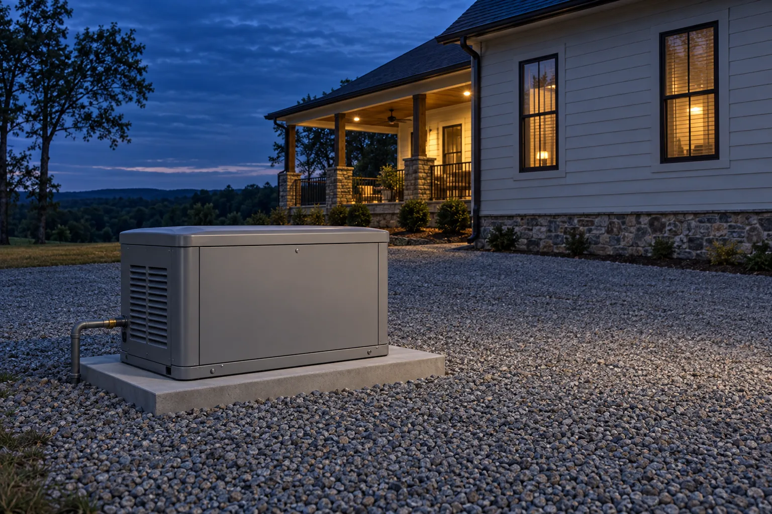 Standby generator safely set away from the farmhouse on a concrete pad