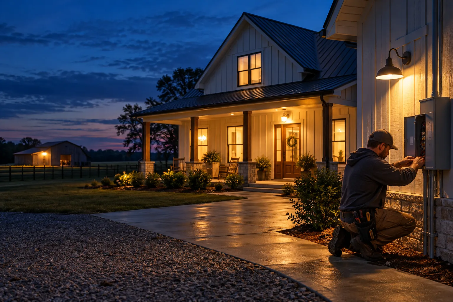Farmhouse with warm windows and porch light at dusk