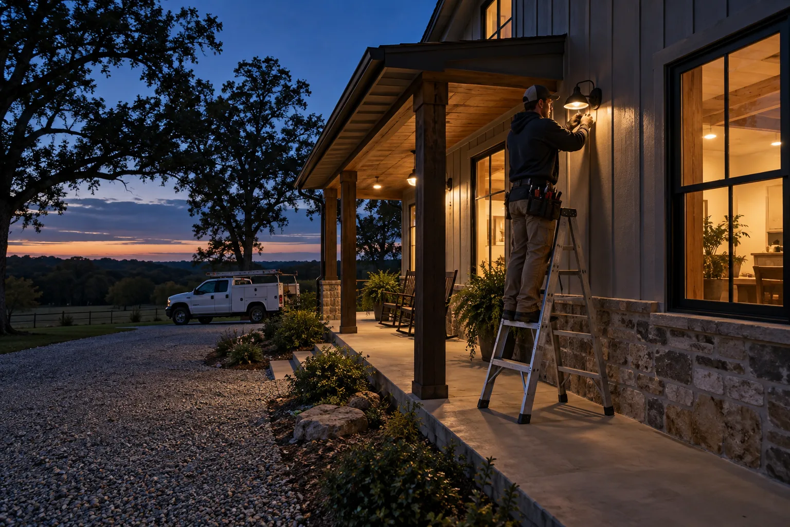Side porch of an Arkansas farmhouse at twilight