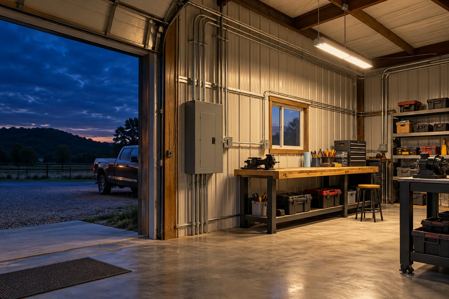 Neat conduit and lighting in a rural metal workshop