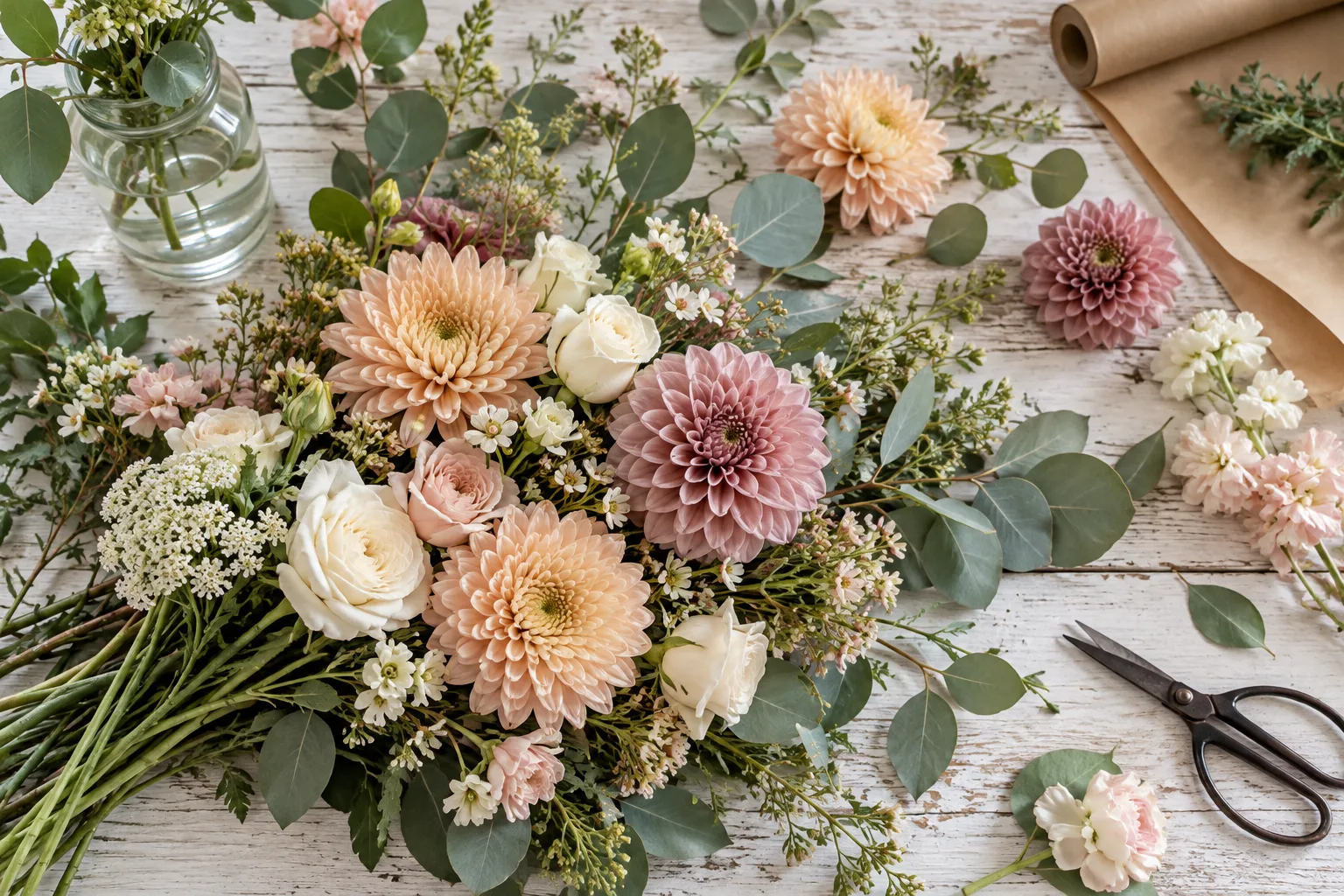Fresh dahlias and chrysanthemums laid on a white table