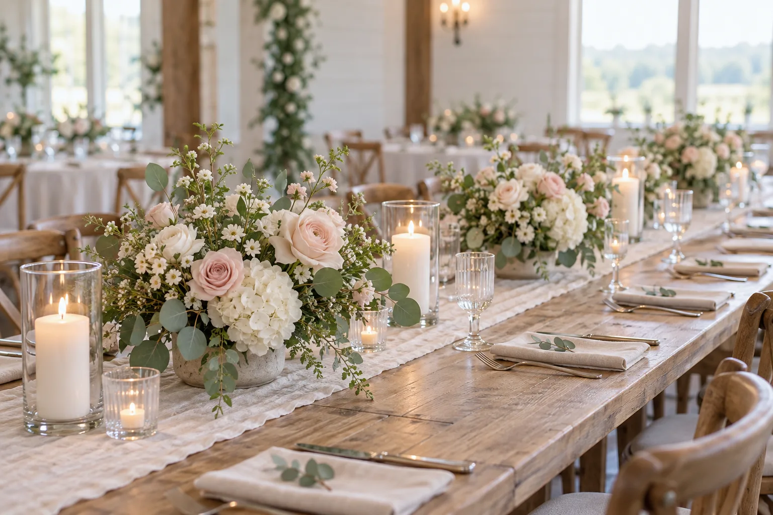 Low floral centerpieces on a wooden reception table