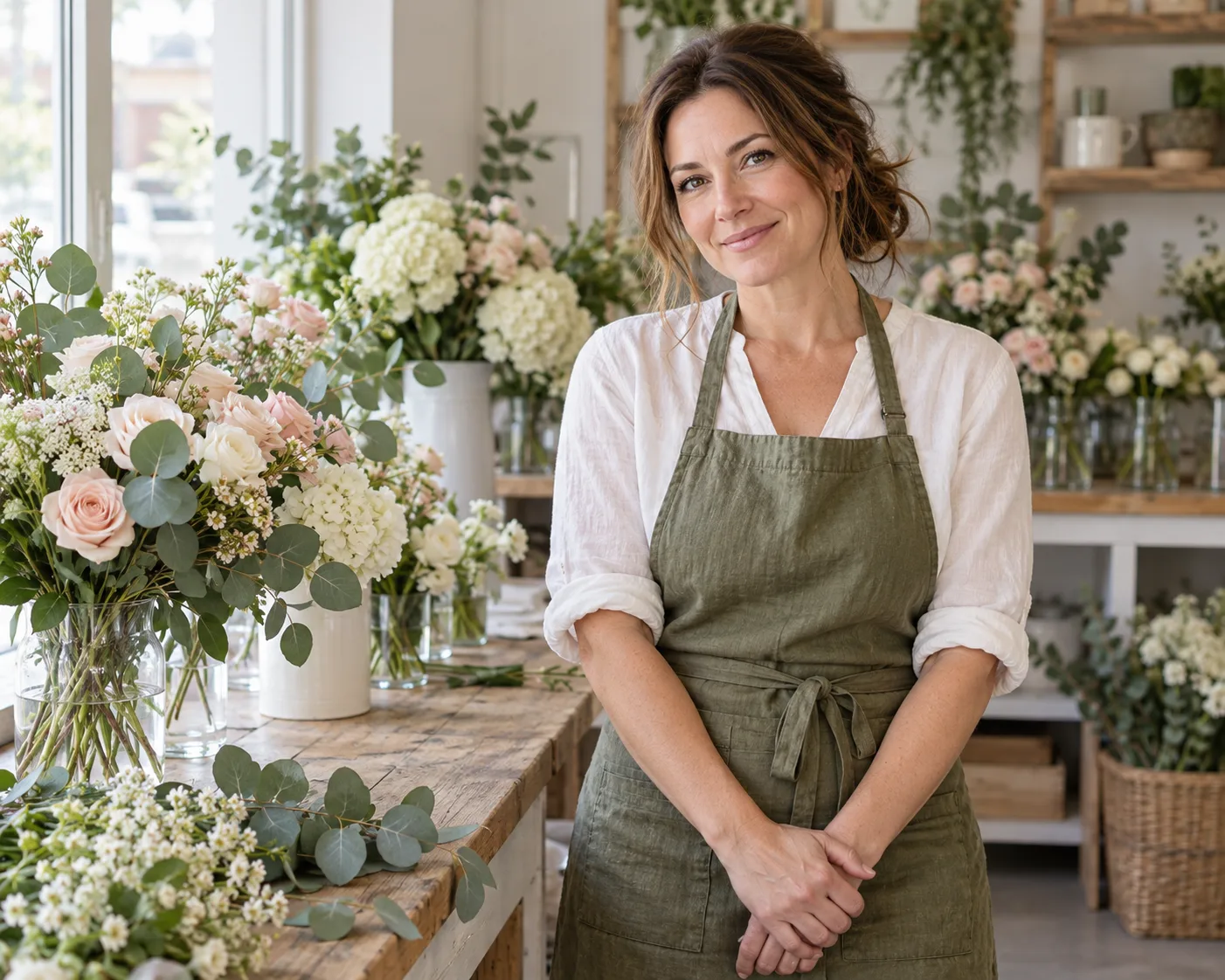 Gracie Monroe in an olive apron in her flower shop