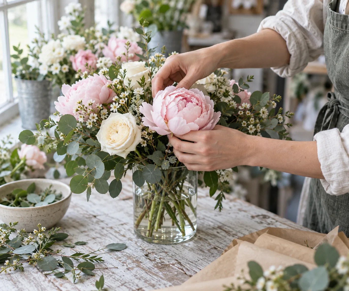 Gracie’s hands placing a pink peony in a vase