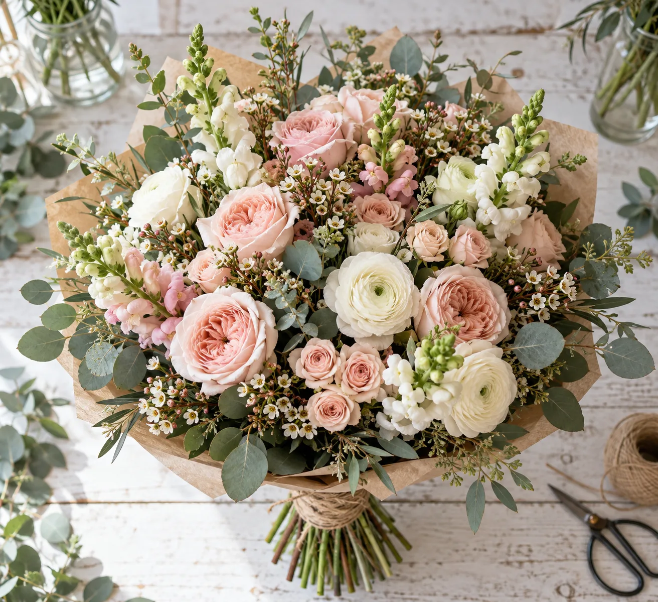 The finished blush and ivory bouquet wrapped in kraft paper