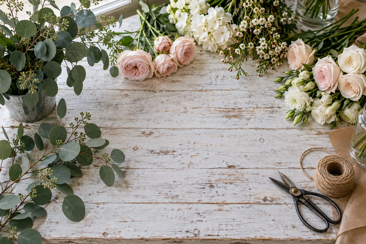 A whitewashed florist’s table with eucalyptus, shears and twine