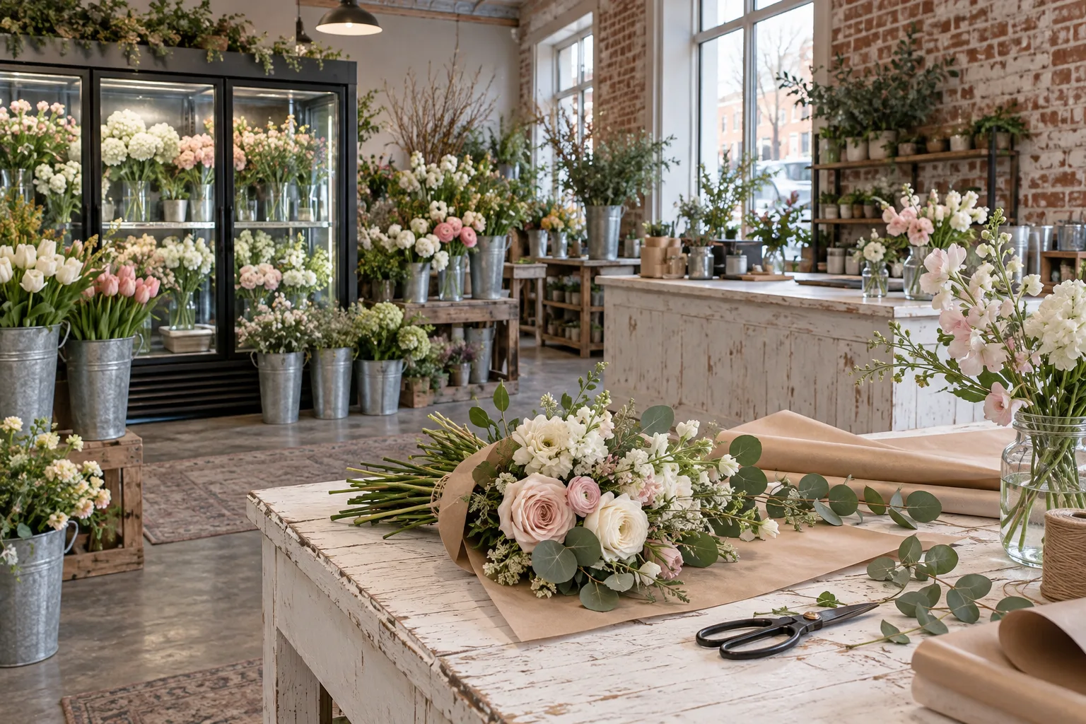The tidy worktable and flower buckets inside the shop