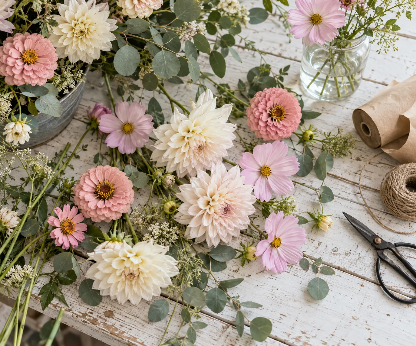 Fresh summer zinnias, cosmos and dahlias on the worktable