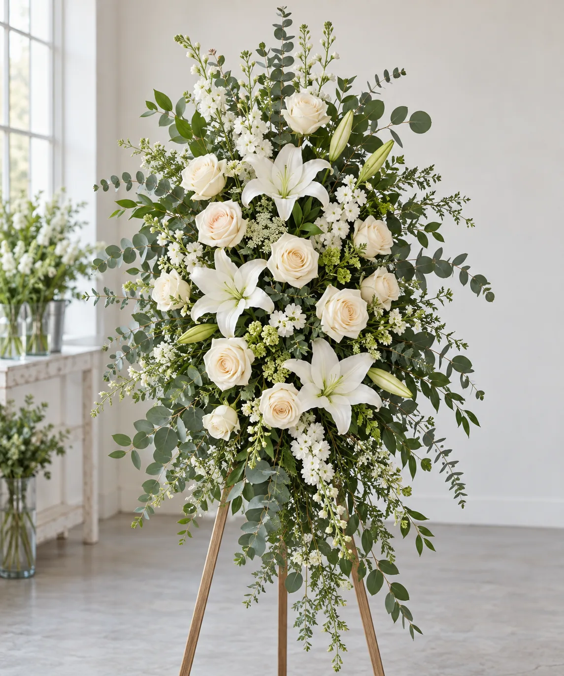 Ivory roses and lilies in a dignified standing spray