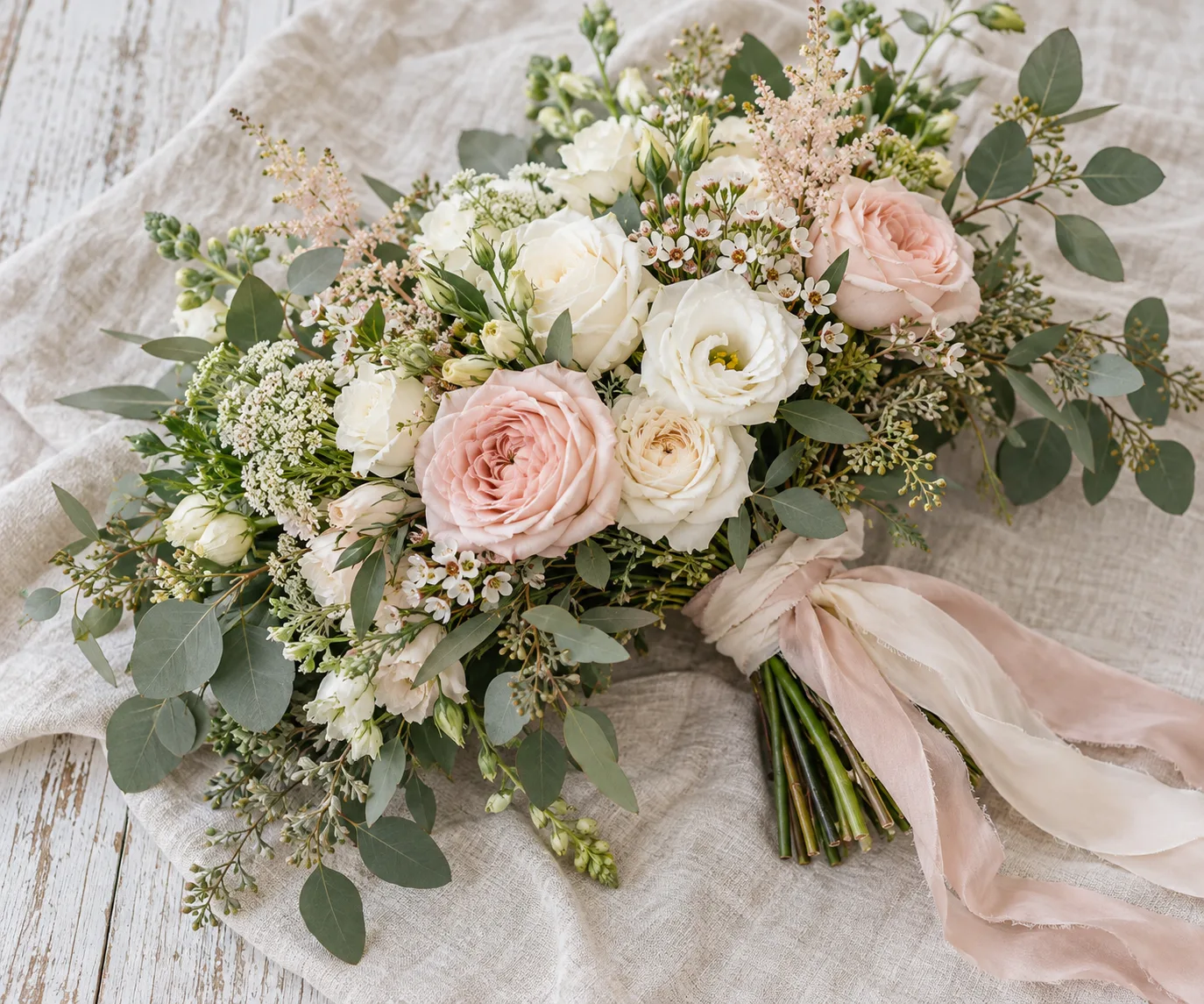 Blush and ivory bridal bouquet with linen ribbon tails