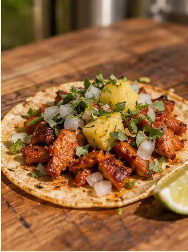 Warm corn tortilla, pineapple, onion, cilantro. That’s our al pastor.