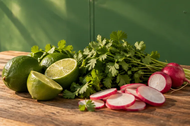 Fresh lime and cilantro beside hot tacos
