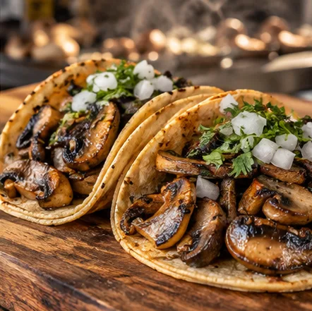 Roasted mushrooms, onion and salsa verde. Plant-based.