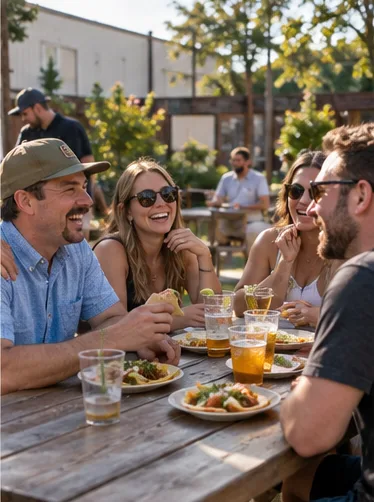 Neighbors laughing over tacos at outdoor tables