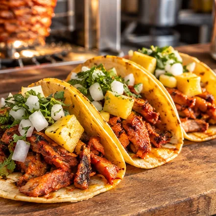 Achiote pork, pineapple, onion and cilantro.