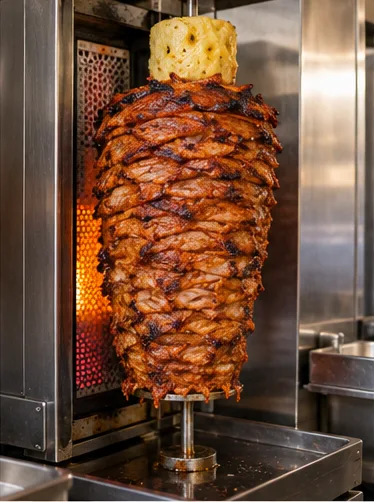 Thin slices go onto the trompo, with pineapple up top.