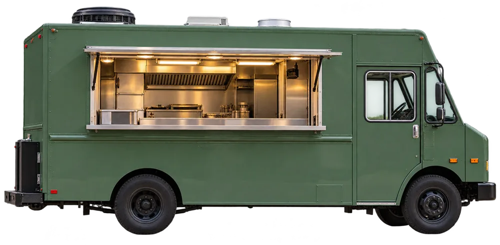 Our plain green taco truck, ready for its next stop