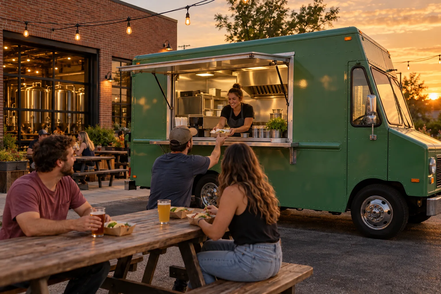 Plain green taco truck parked at a brewery in warm sunset light