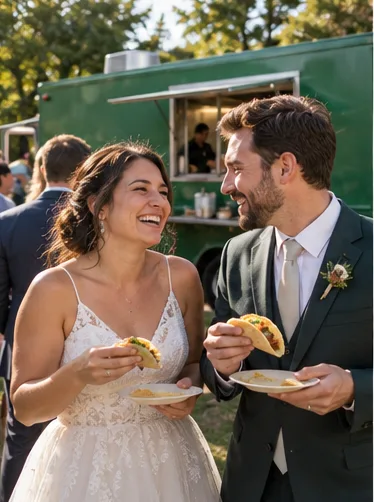 Guests enjoying tacos at an outdoor wedding