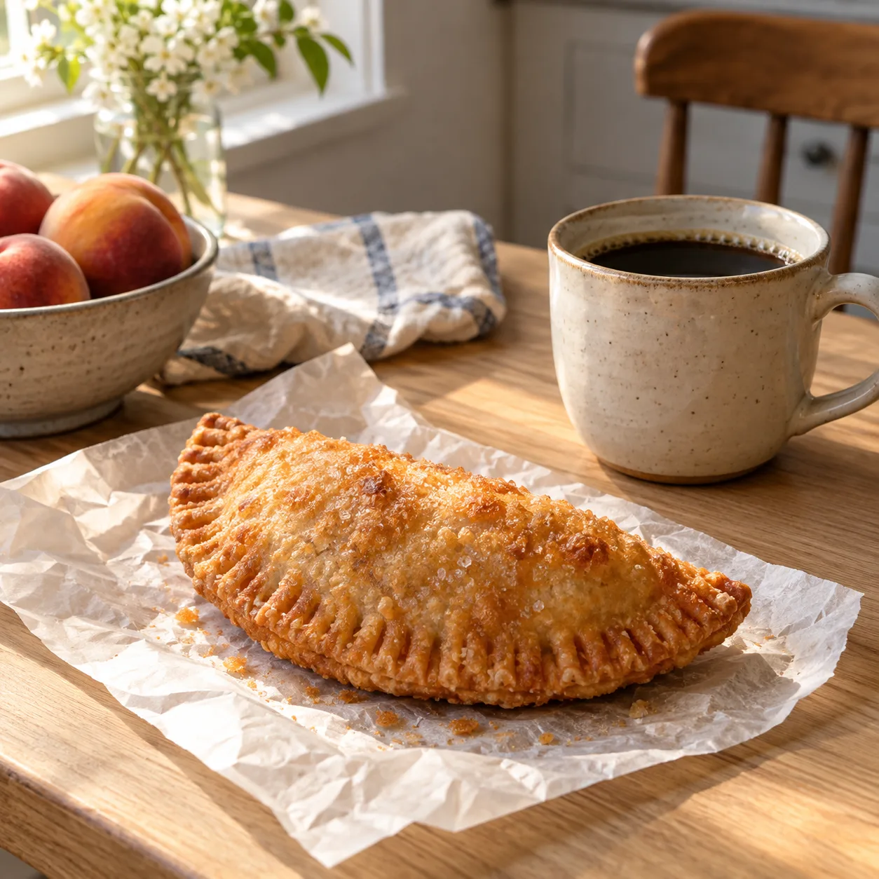 A pie and cup of coffee on a kitchen table