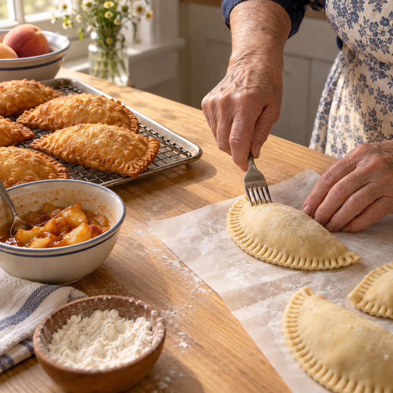 Hands crimping pie dough