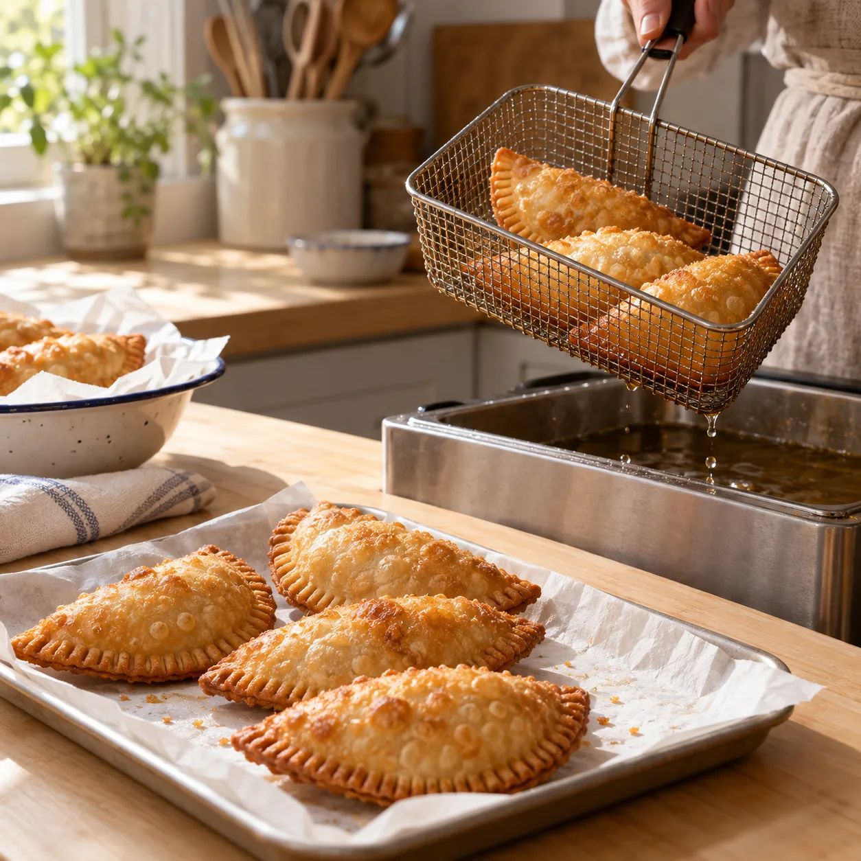 Pies lifted from a clean fryer basket