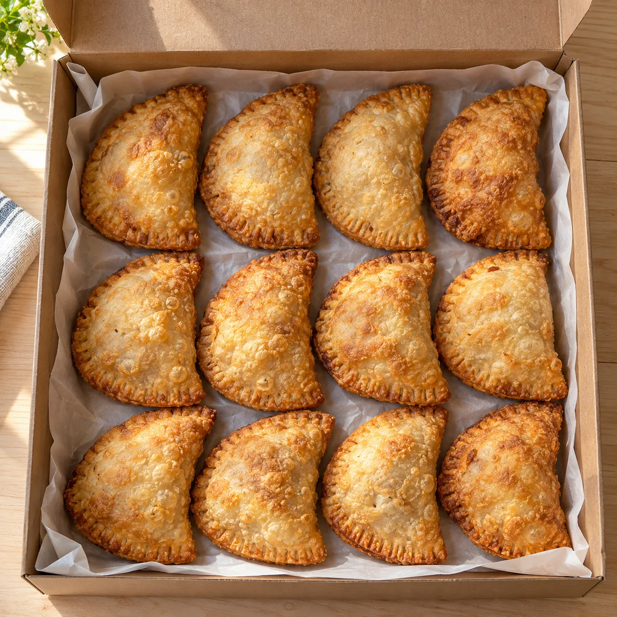 Twelve golden fried pies nestled in wax paper