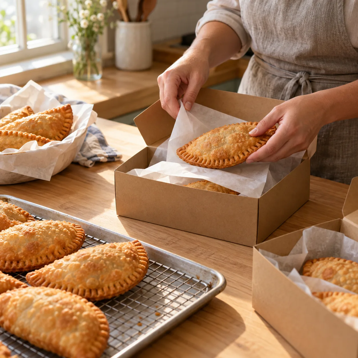 Hands lining a shipping box with wax paper