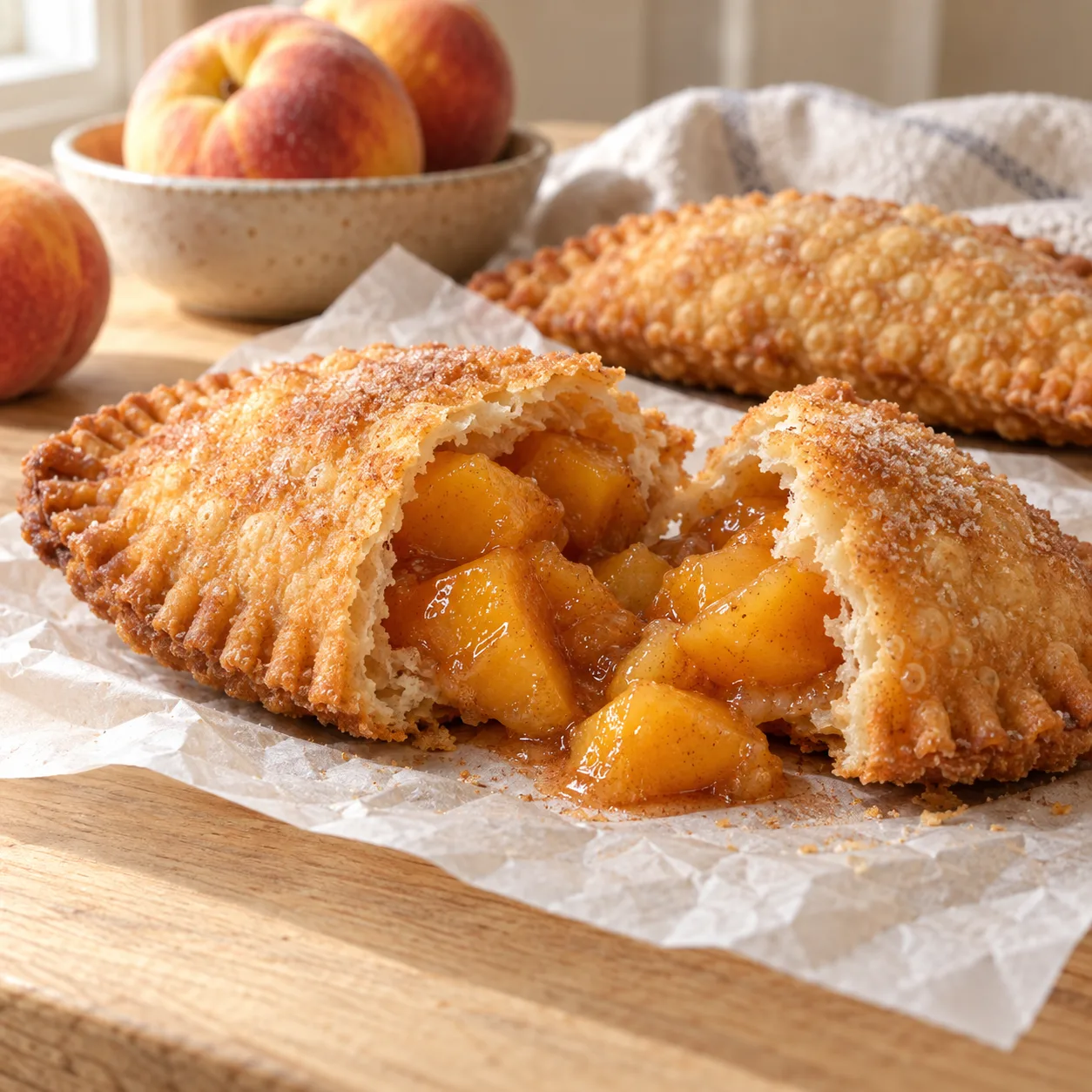 Peach filling inside a broken handmade pie