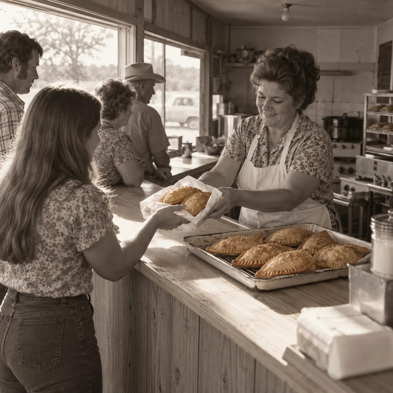 An unsigned roadside pie stand in a 1978-style black and white photograph