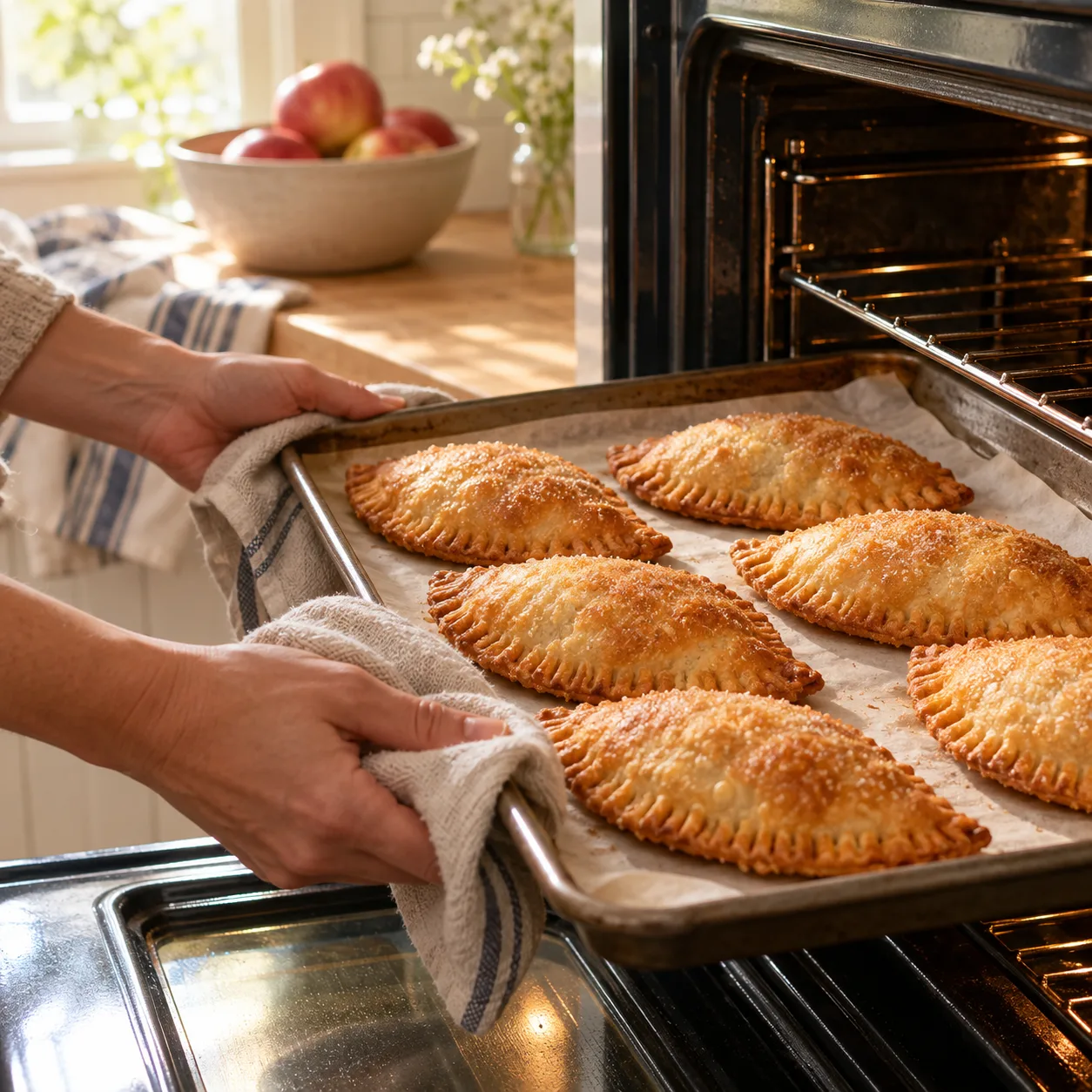 Hand pies ready to warm on a baking tray