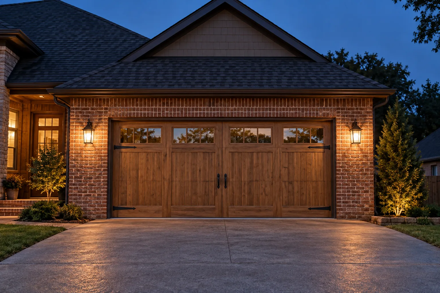 Cedar door and coach lights after dusk