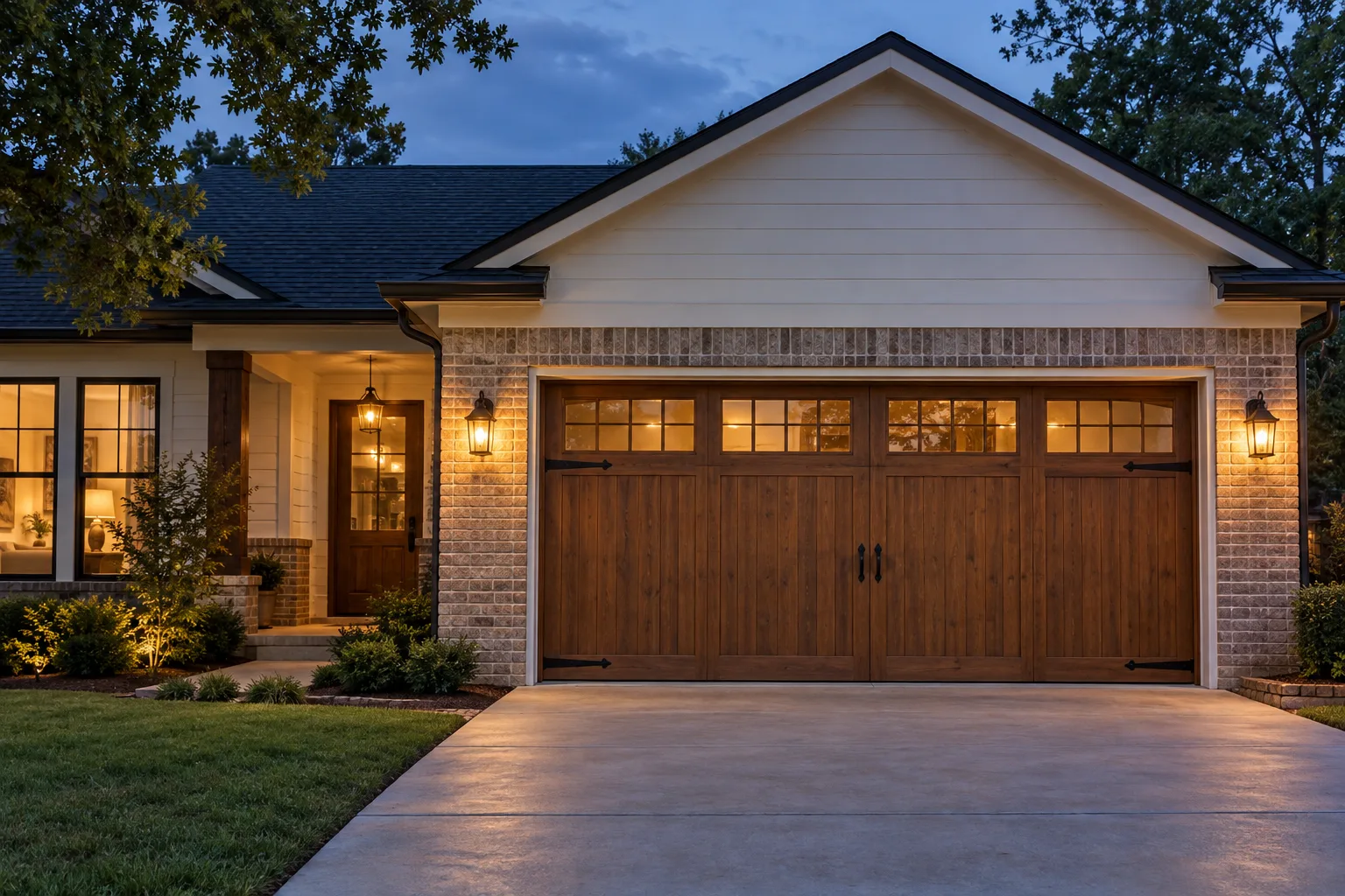 Brick Benton home with a cedar carriage-house door at dusk