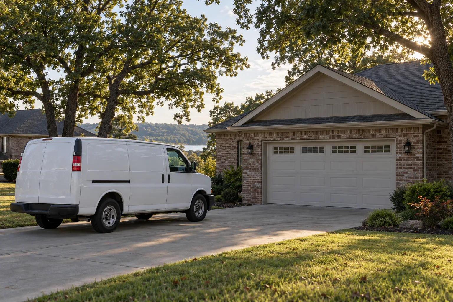 Plain service truck outside an Arkansas home