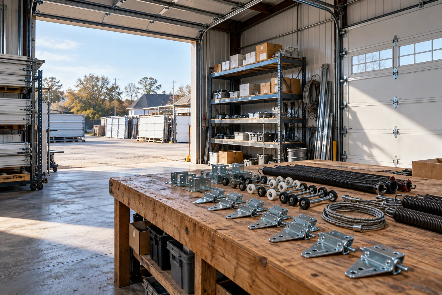 Cedar door samples and hardware in the Benton workshop
