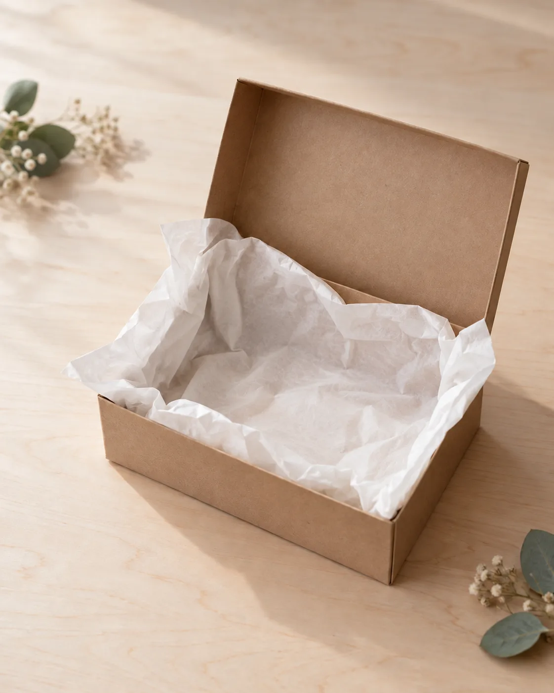 Empty kraft box lined with tissue, ready for your choices