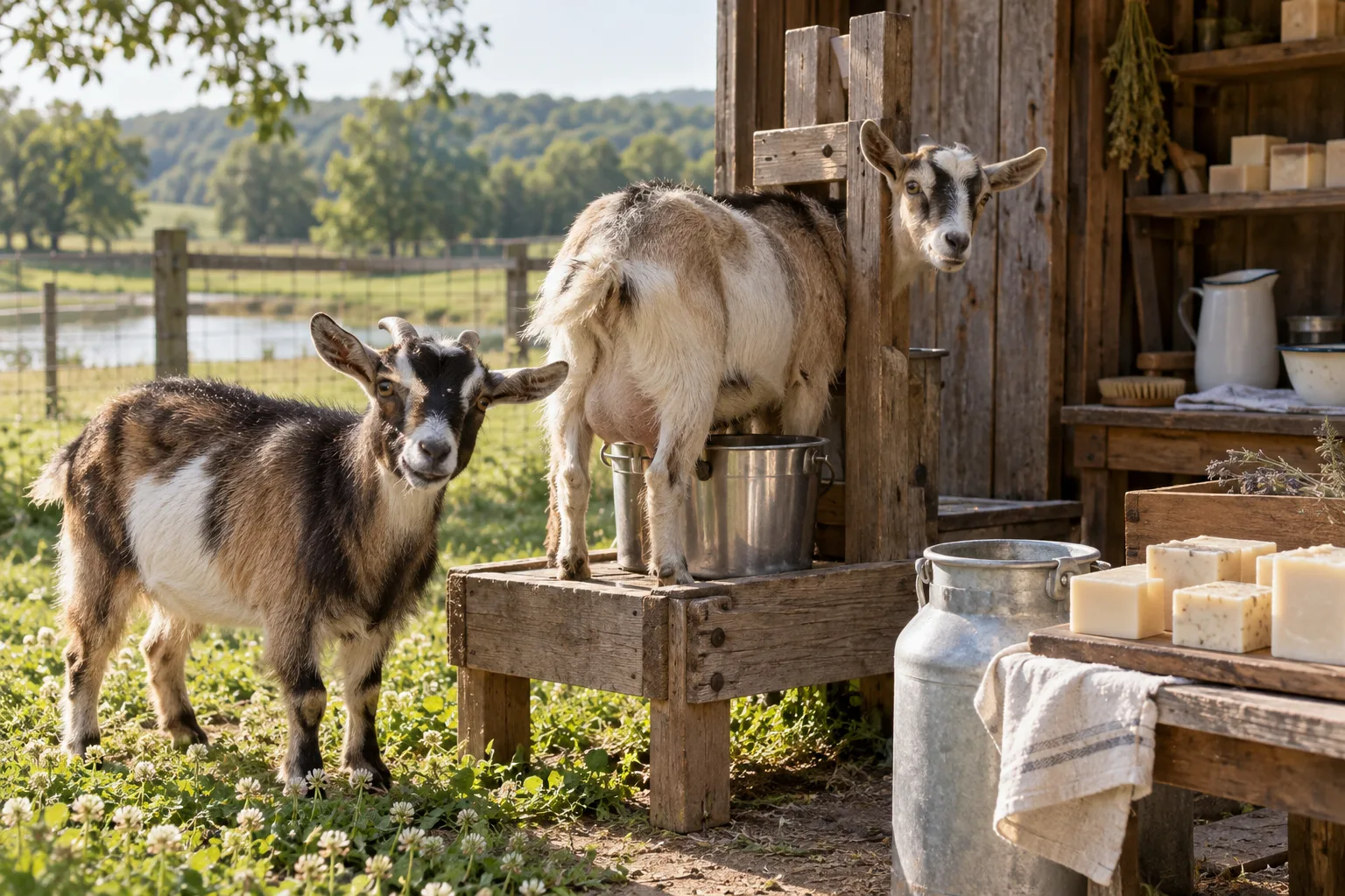 Two Nigerian Dwarf goats at their wooden milk stand