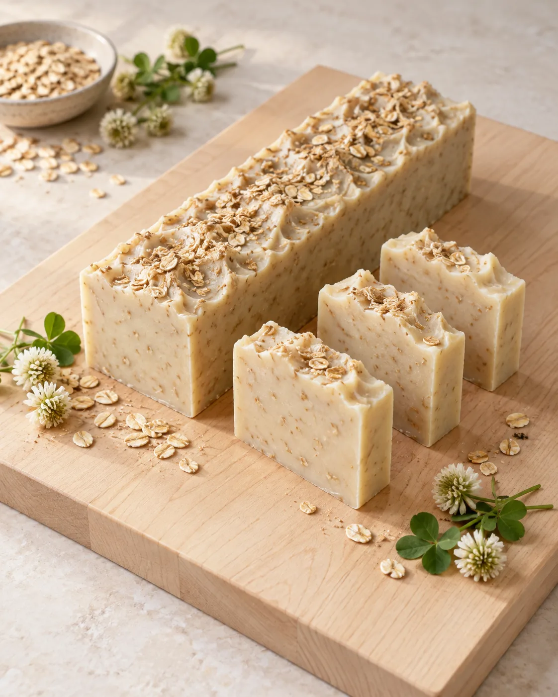 Soap loaf with three freshly cut bars
