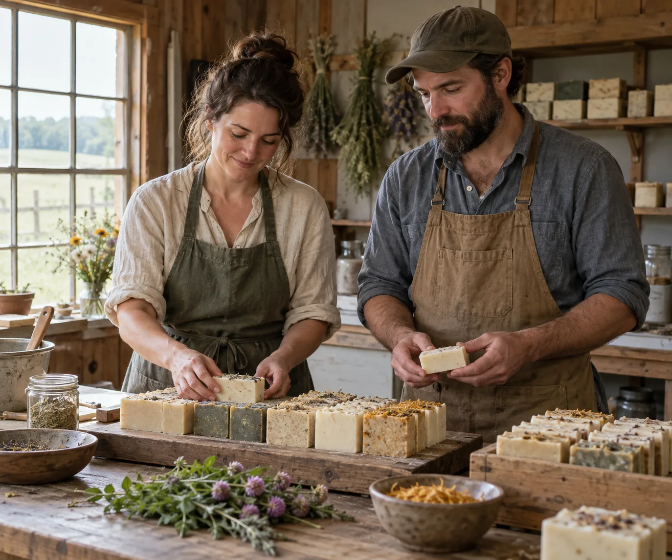 Becca and Tom in their bright small soap workshop