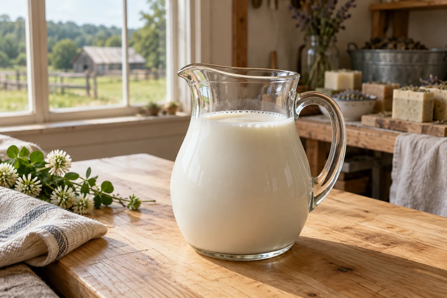 Fresh goat milk in a glass pitcher