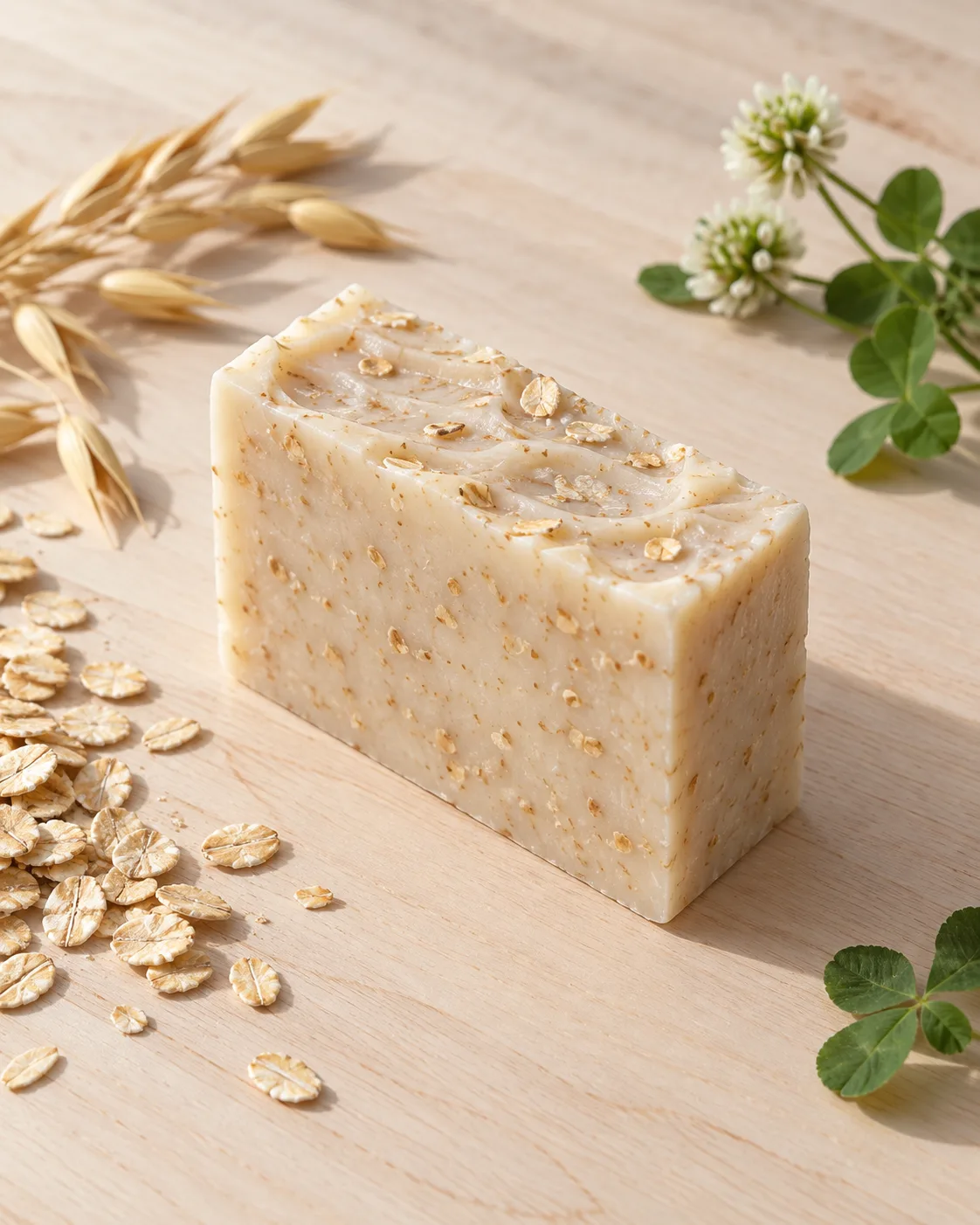 Oat-flecked cut face of a soap bar