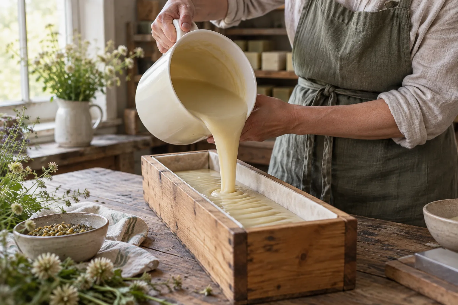 Hands pouring creamy batter into a wooden soap mold