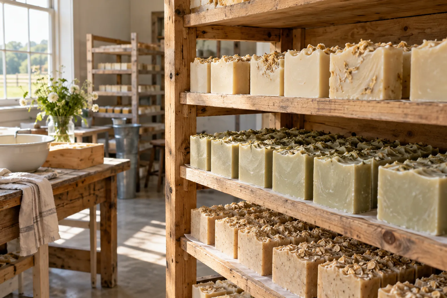Hand-cut bars curing on wooden shelves