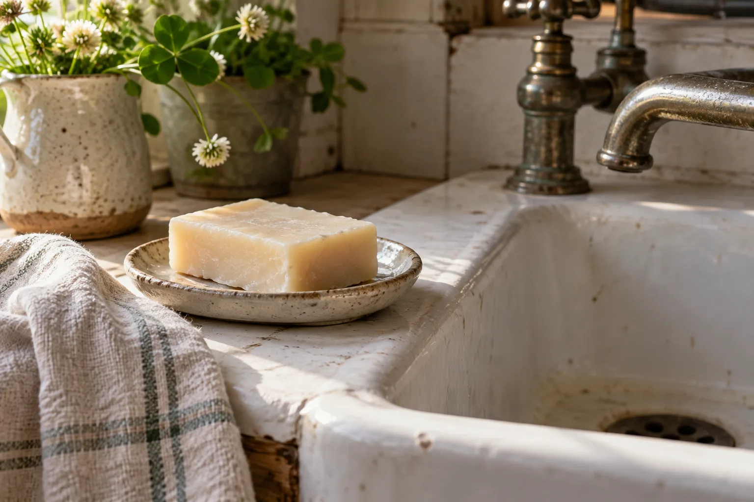 Unscented soap resting on a ceramic dish beside a farmhouse sink